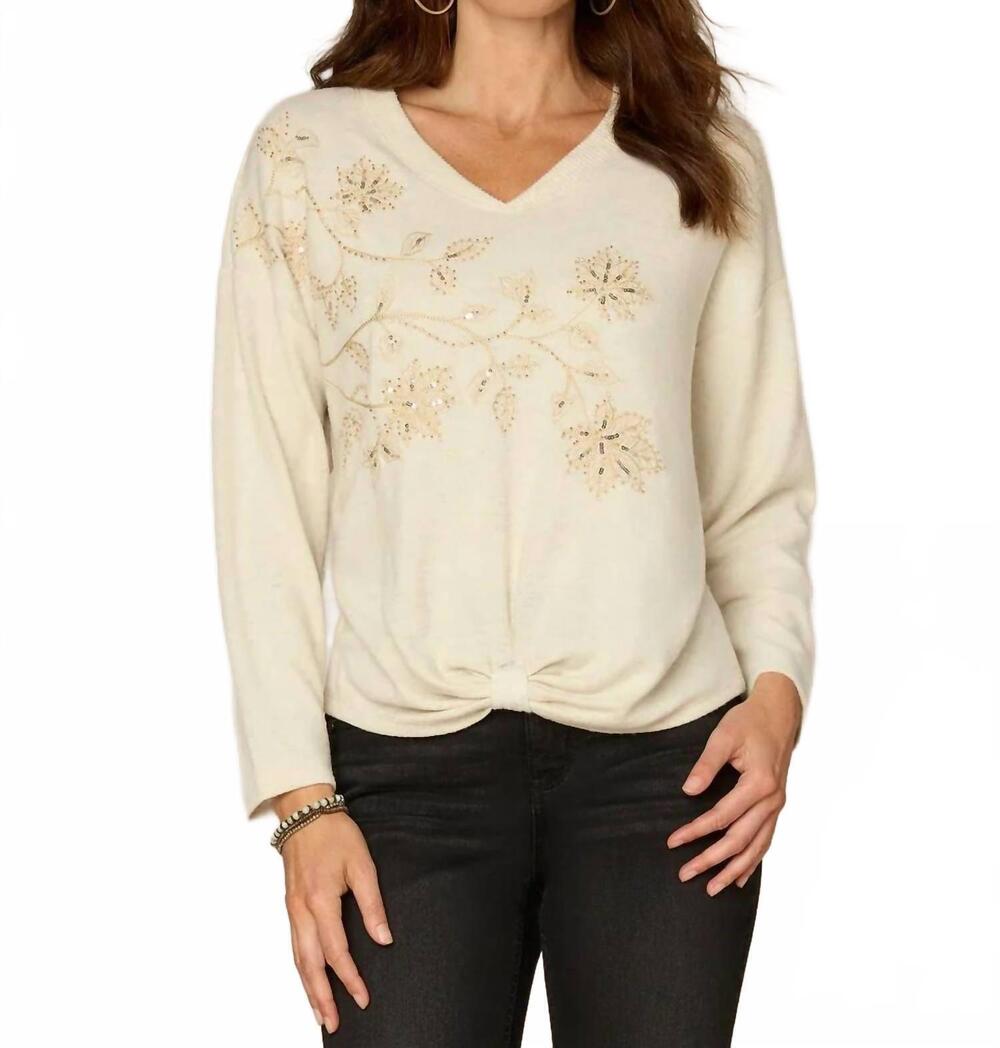 NEW DEMOCRACY embroidered floral knot front knit top in cream